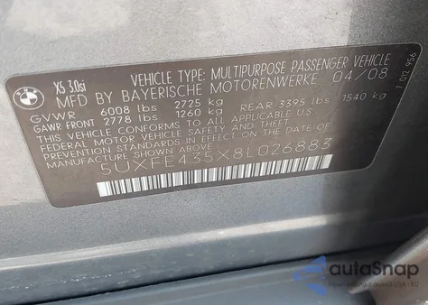 2008 BMW X5 3.0Si z USA, uszkodzony, nr VIN 5UXFE435X8L026883